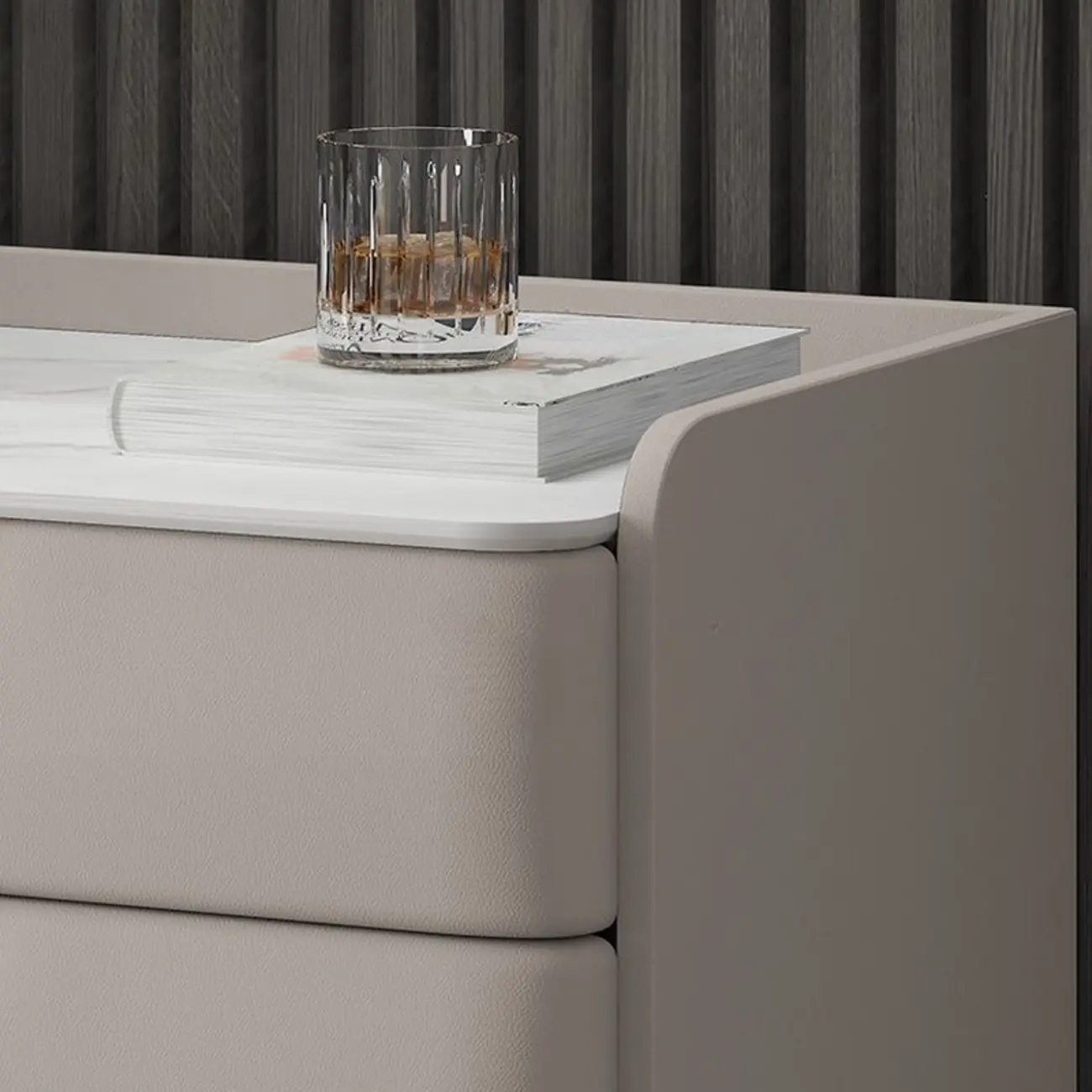 Modern Leather Stone Top Gold Accents 3-Drawer Nightstand Image - 4 | homeyfad