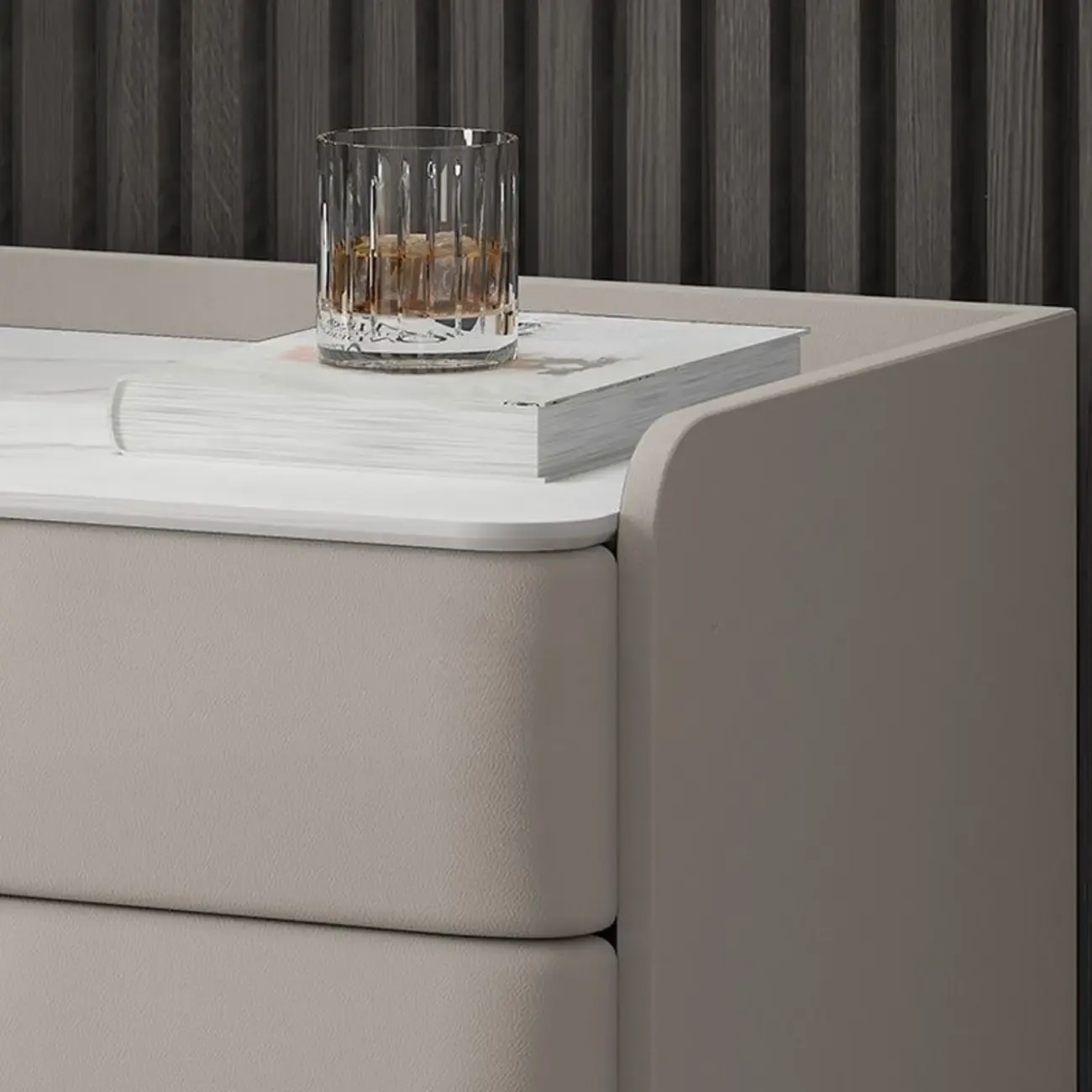 Modern Leather Stone Top Gold Accents 3-Drawer Nightstand Image - 4