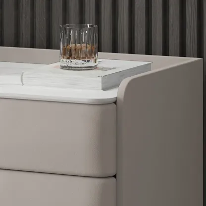 Modern Leather Stone Top Gold Accents 3-Drawer Nightstand Image - 4