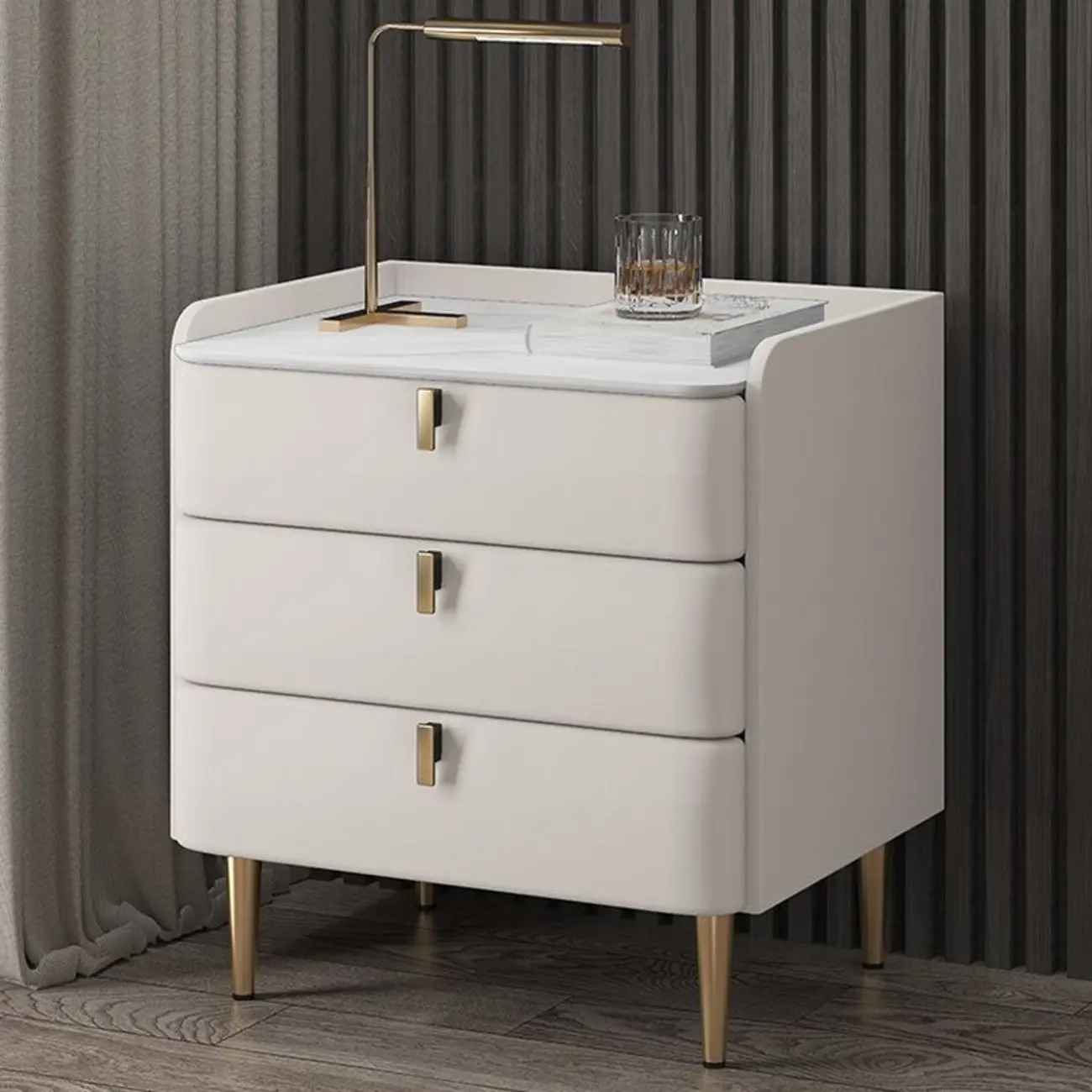 Modern Leather Stone Top Gold Accents 3-Drawer Nightstand Image - 3 | homeyfad