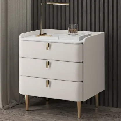 Modern Leather Stone Top Gold Accents 3-Drawer Nightstand Image - 3