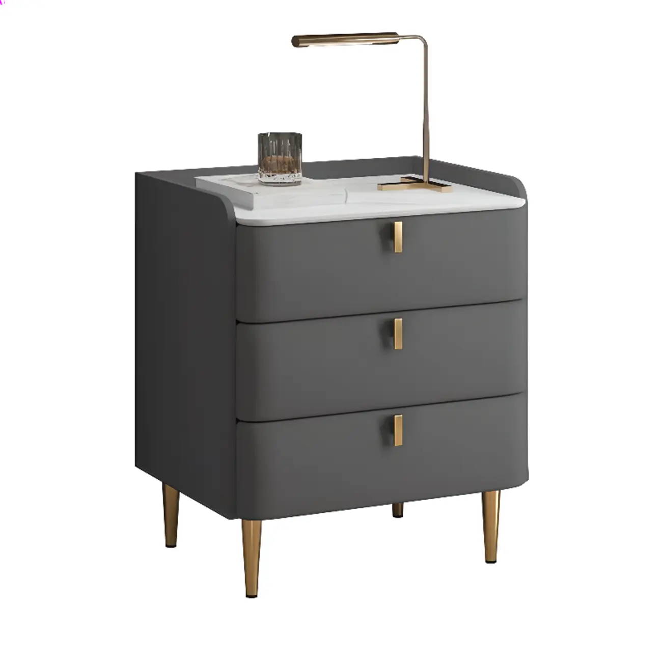 Modern Leather Stone Top Gold Accents 3-Drawer Nightstand Image - 12 | homeyfad