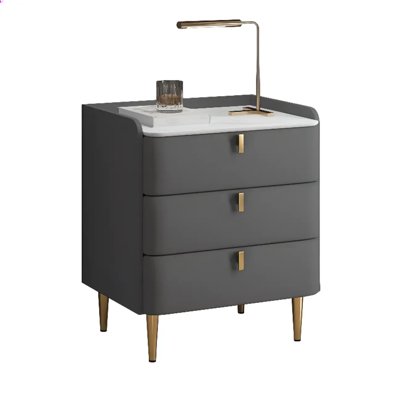 Modern Leather Stone Top Gold Accents 3-Drawer Nightstand Image - 12