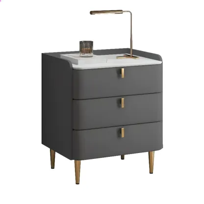 Modern Leather Stone Top Gold Accents 3-Drawer Nightstand Image - 12