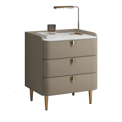 Modern Leather Stone Top Gold Accents 3-Drawer Nightstand Image - 13