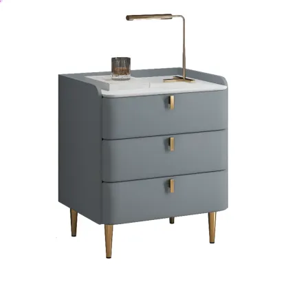 Modern Leather Stone Top Gold Accents 3-Drawer Nightstand Image - 14
