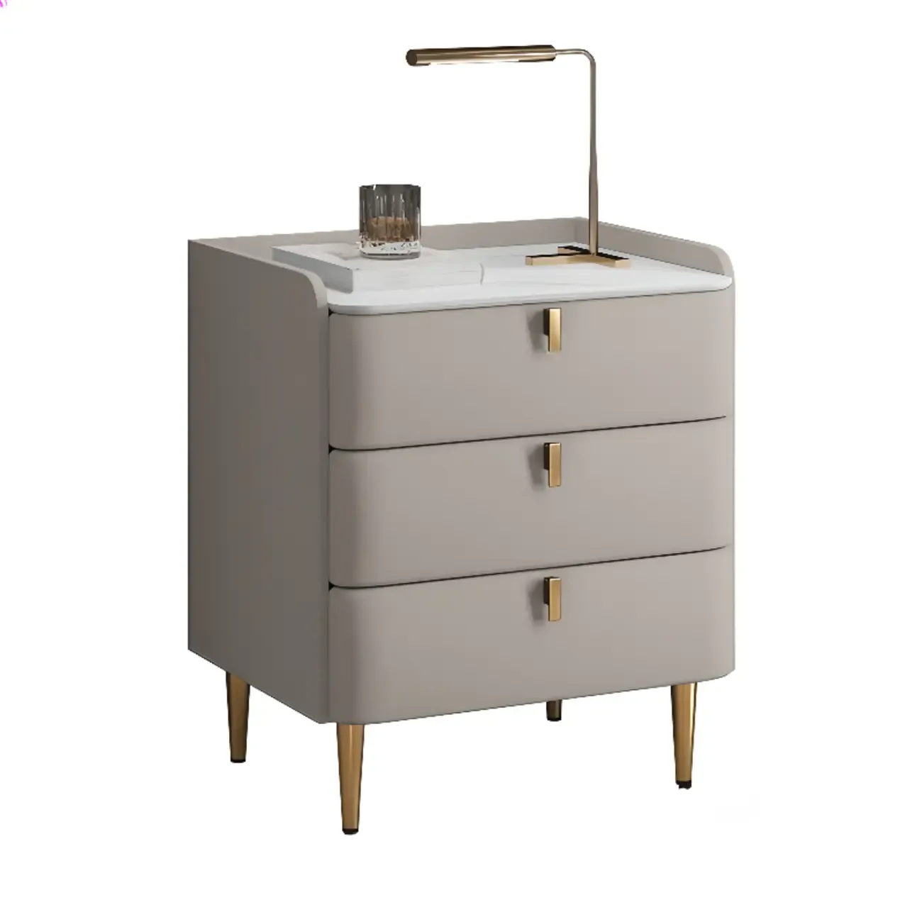 Modern Leather Stone Top Gold Accents 3-Drawer Nightstand Image - 15