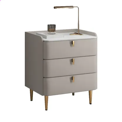 Modern Leather Stone Top Gold Accents 3-Drawer Nightstand Image - 15