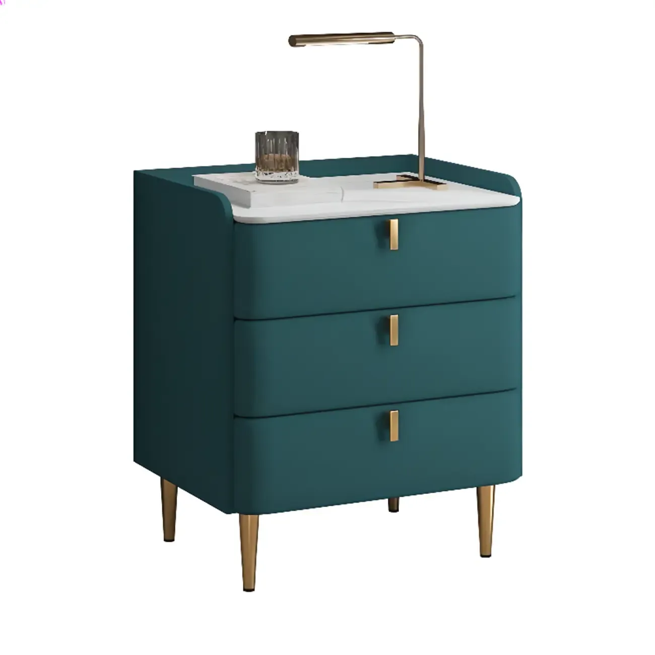 Modern Leather Stone Top Gold Accents 3-Drawer Nightstand Image - 16