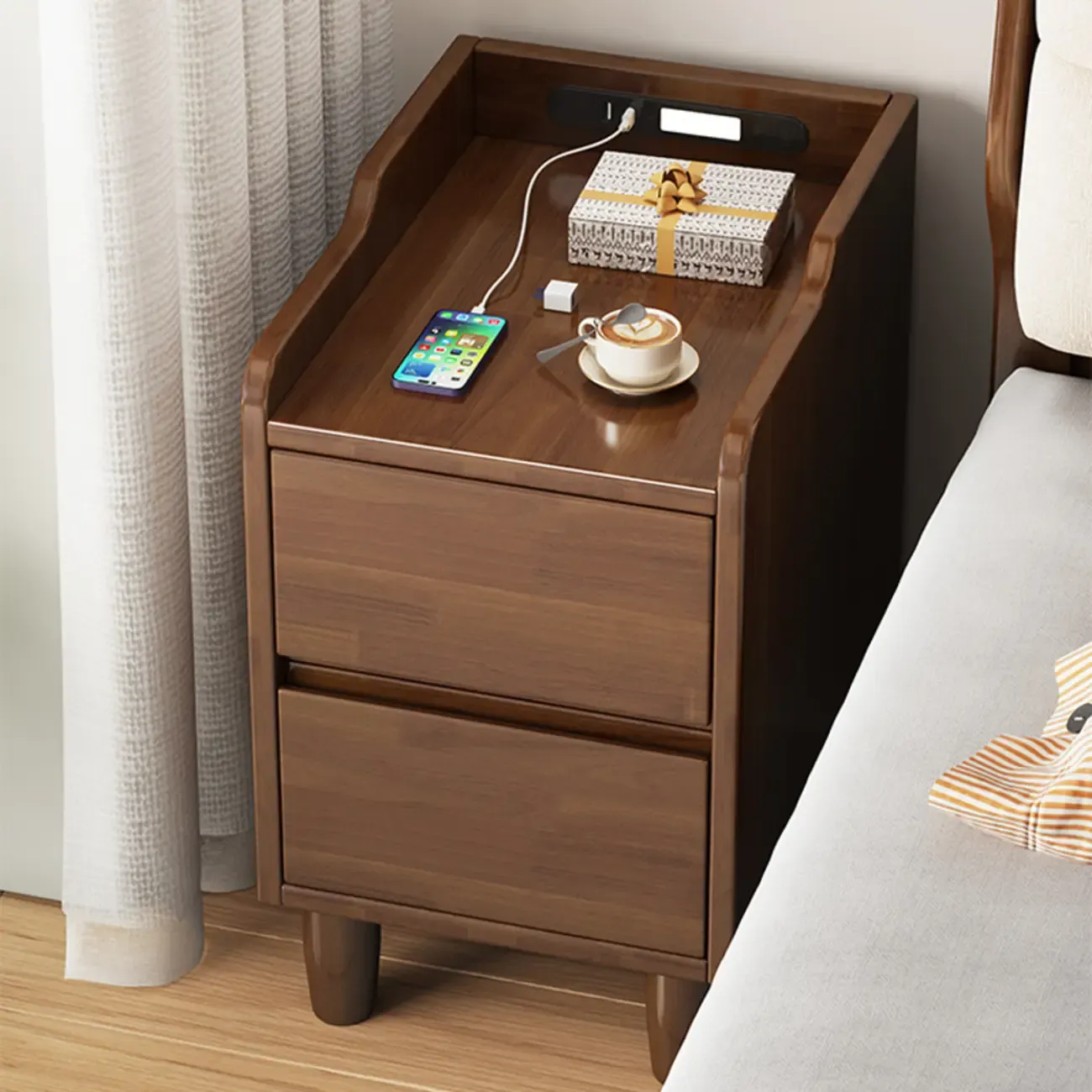 Brown Wood USB-Charging Drawers Nightstand with Lighting Image - 1