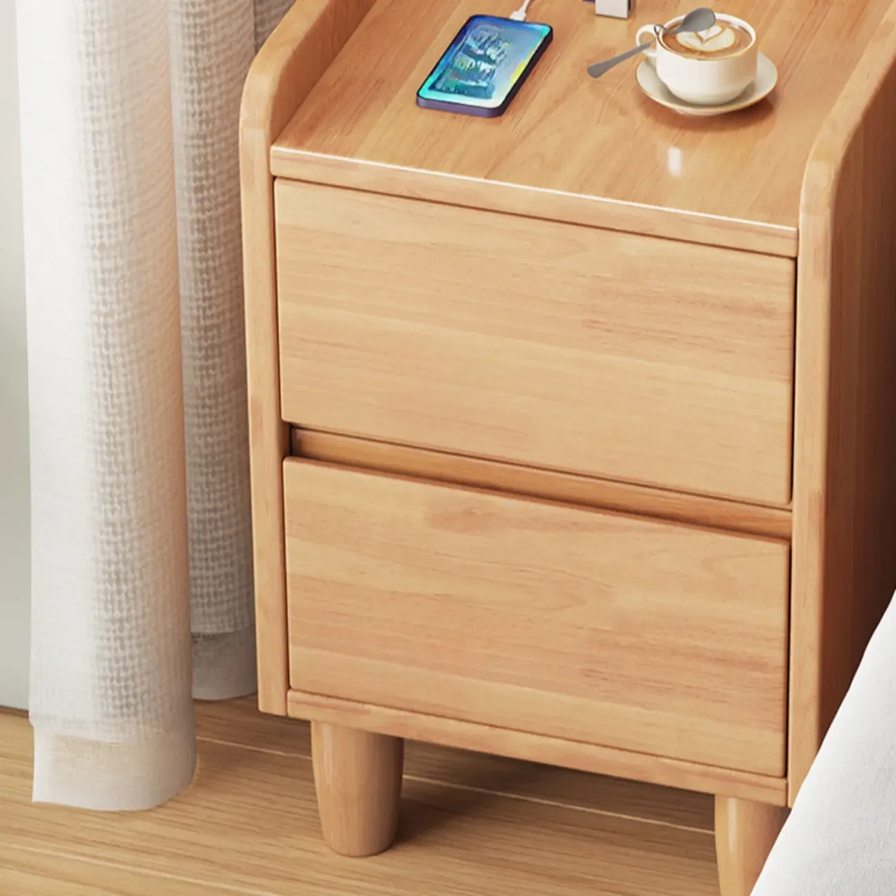 Brown Wood USB-Charging Drawers Nightstand with Lighting Image - 4
