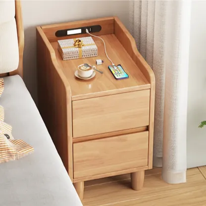 Brown Wood USB-Charging Drawers Nightstand with Lighting Image - 3
