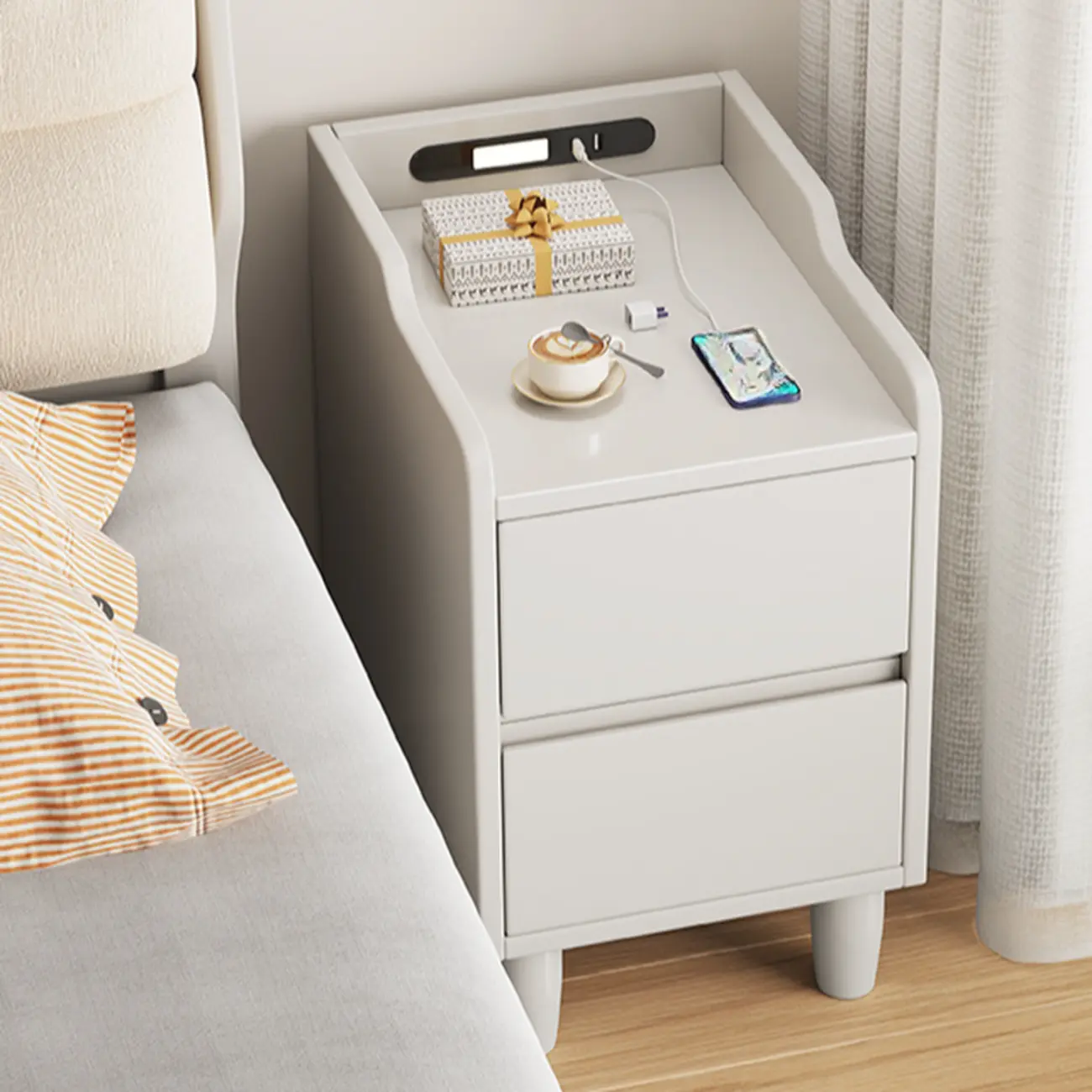 Brown Wood USB-Charging Drawers Nightstand with Lighting Image - 2 | homeyfad