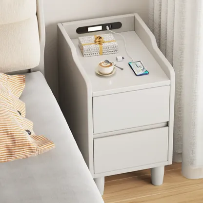 Brown Wood USB-Charging Drawers Nightstand with Lighting Image - 2