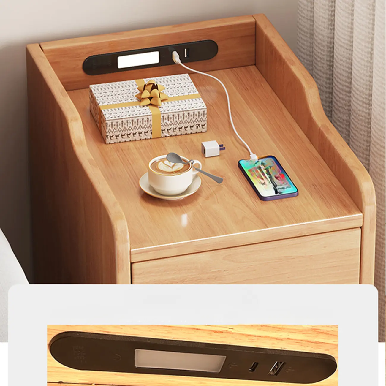 Brown Wood USB-Charging Drawers Nightstand with Lighting Image - 6 | homeyfad