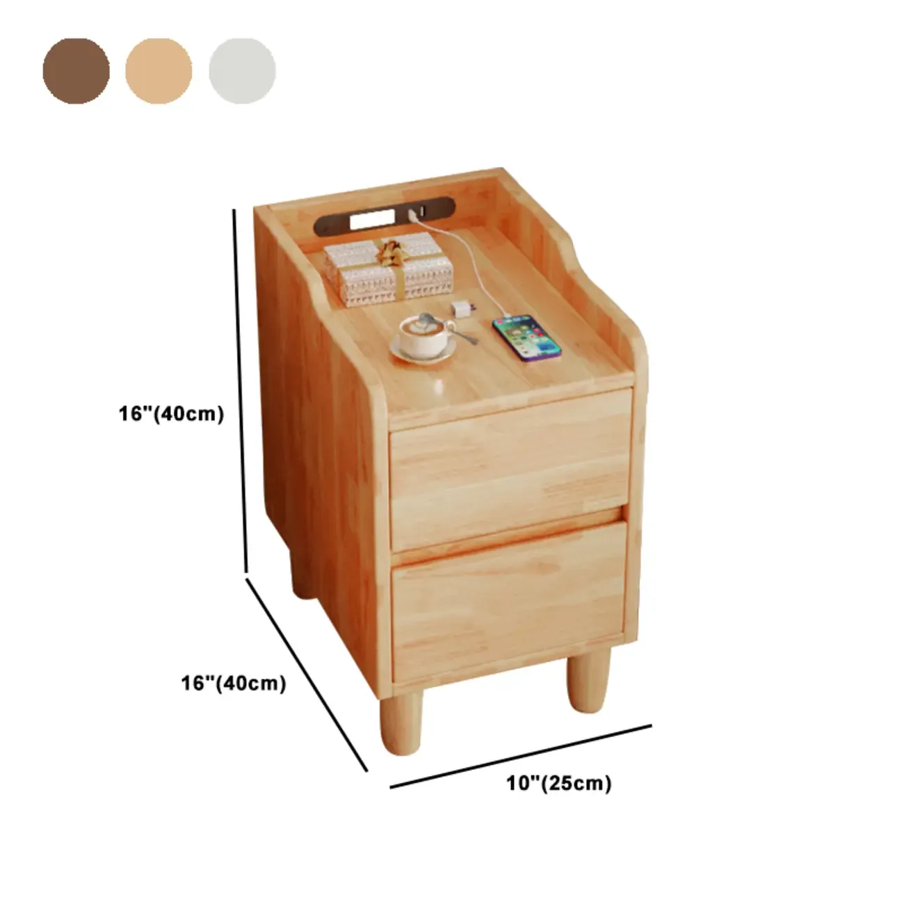 Brown Wood USB-Charging Drawers Nightstand with Lighting #size