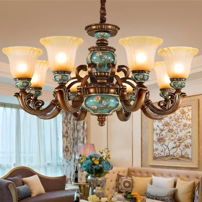 Classic Floral Copper Frosted Glass Ceramic Chandelier Image - 1