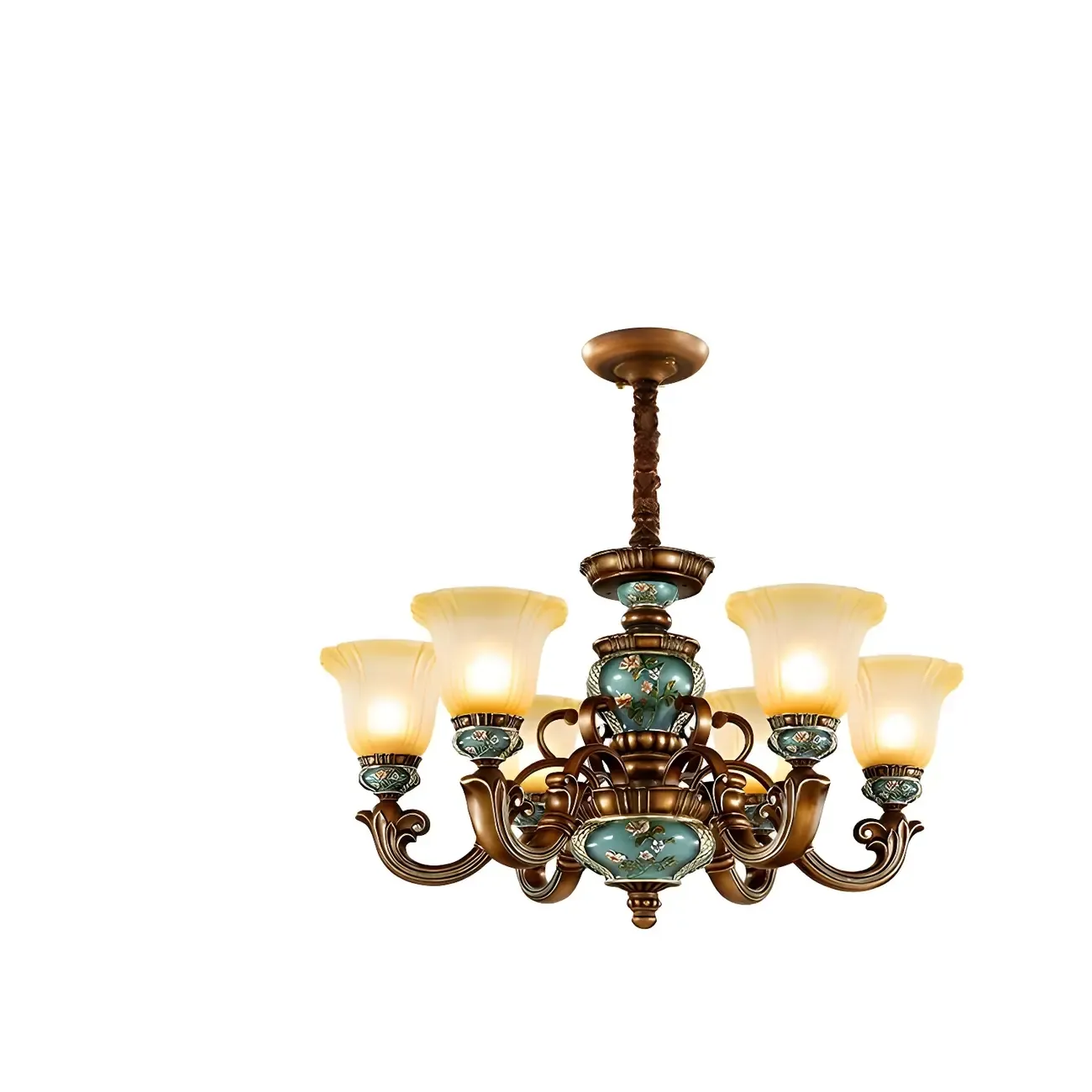 Classic Floral Copper Frosted Glass Ceramic Chandelier Image - 7