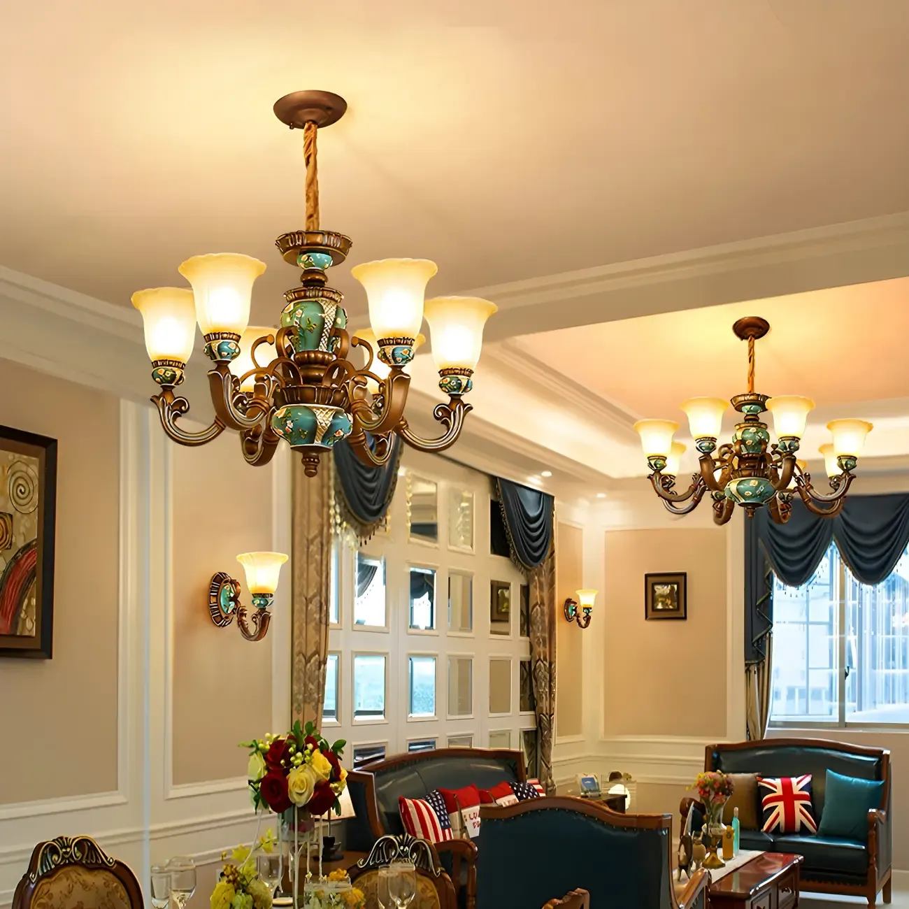 Classic Floral Copper Frosted Glass Ceramic Chandelier Image - 2