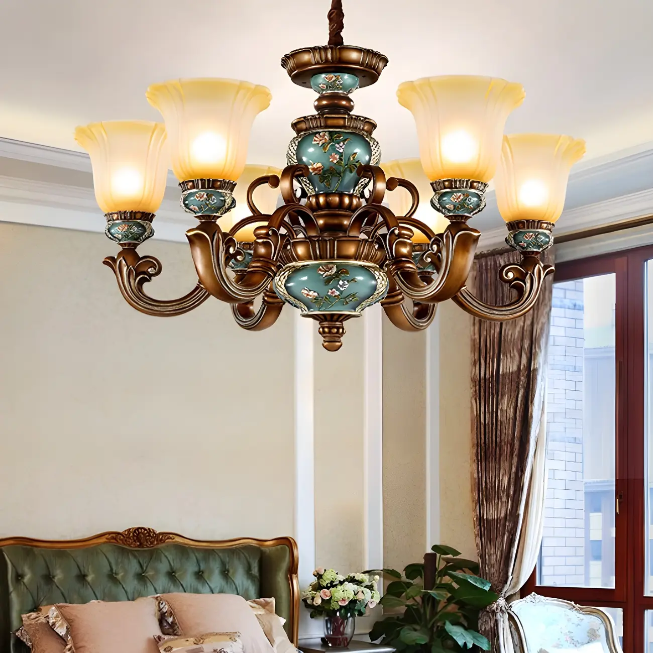 Classic Floral Copper Frosted Glass Ceramic Chandelier Image - 4 | homeyfad