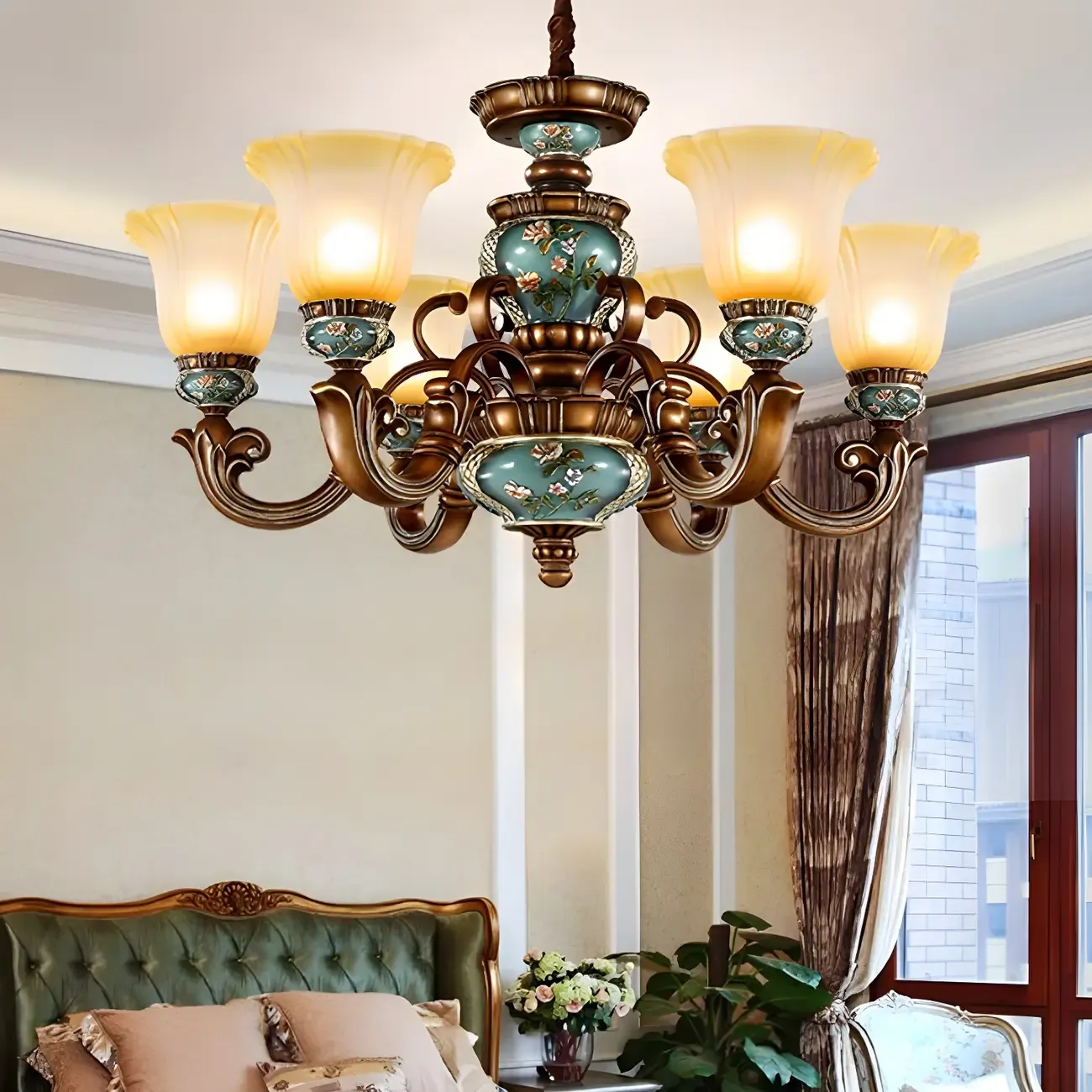 Classic Floral Copper Frosted Glass Ceramic Chandelier Image - 4