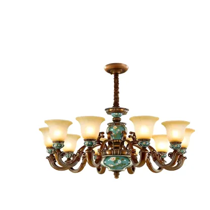 Classic Floral Copper Frosted Glass Ceramic Chandelier Image - 10