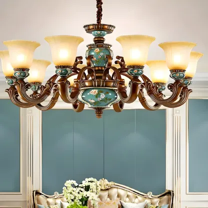Classic Floral Copper Frosted Glass Ceramic Chandelier Image - 5