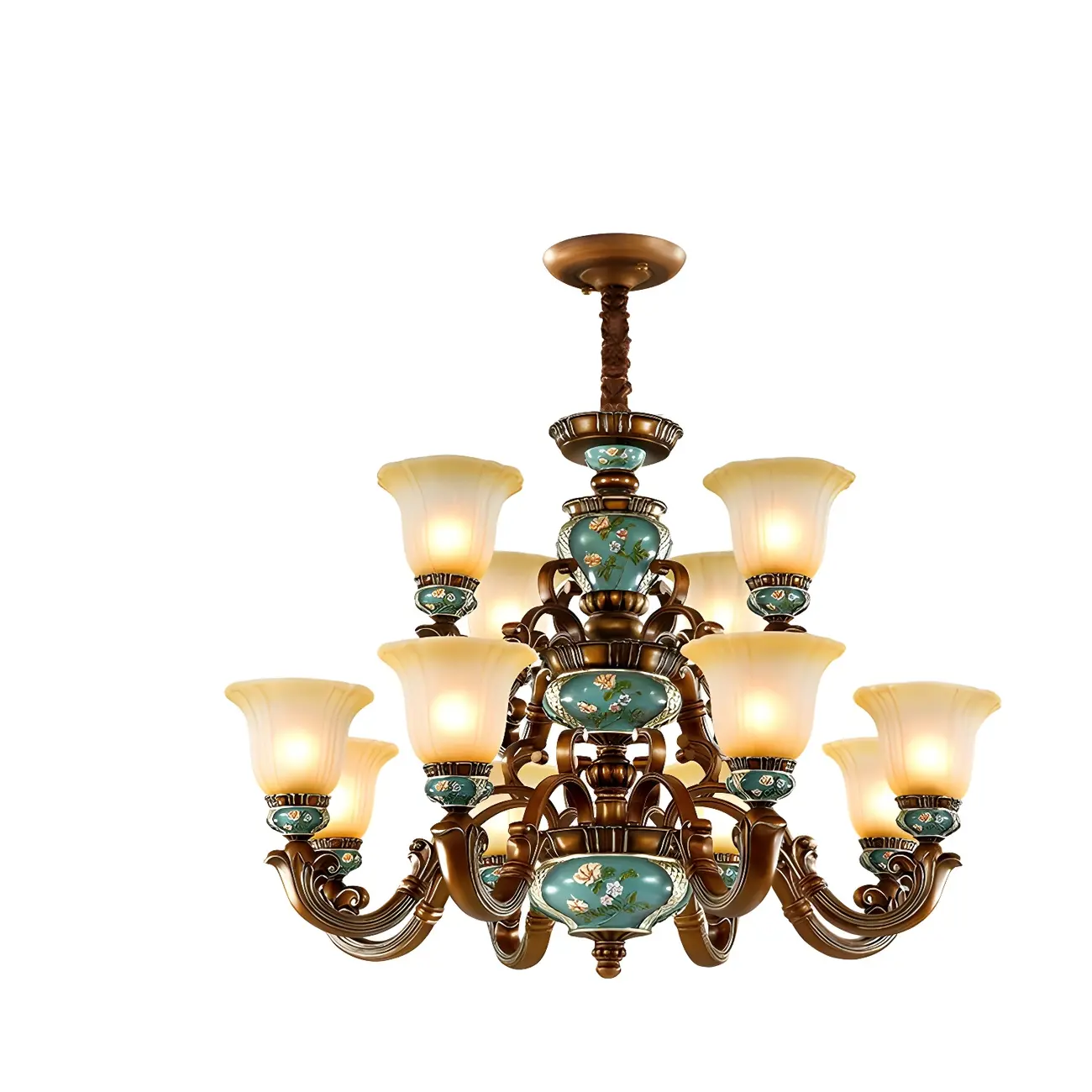 Classic Floral Copper Frosted Glass Ceramic Chandelier Image - 14 | homeyfad