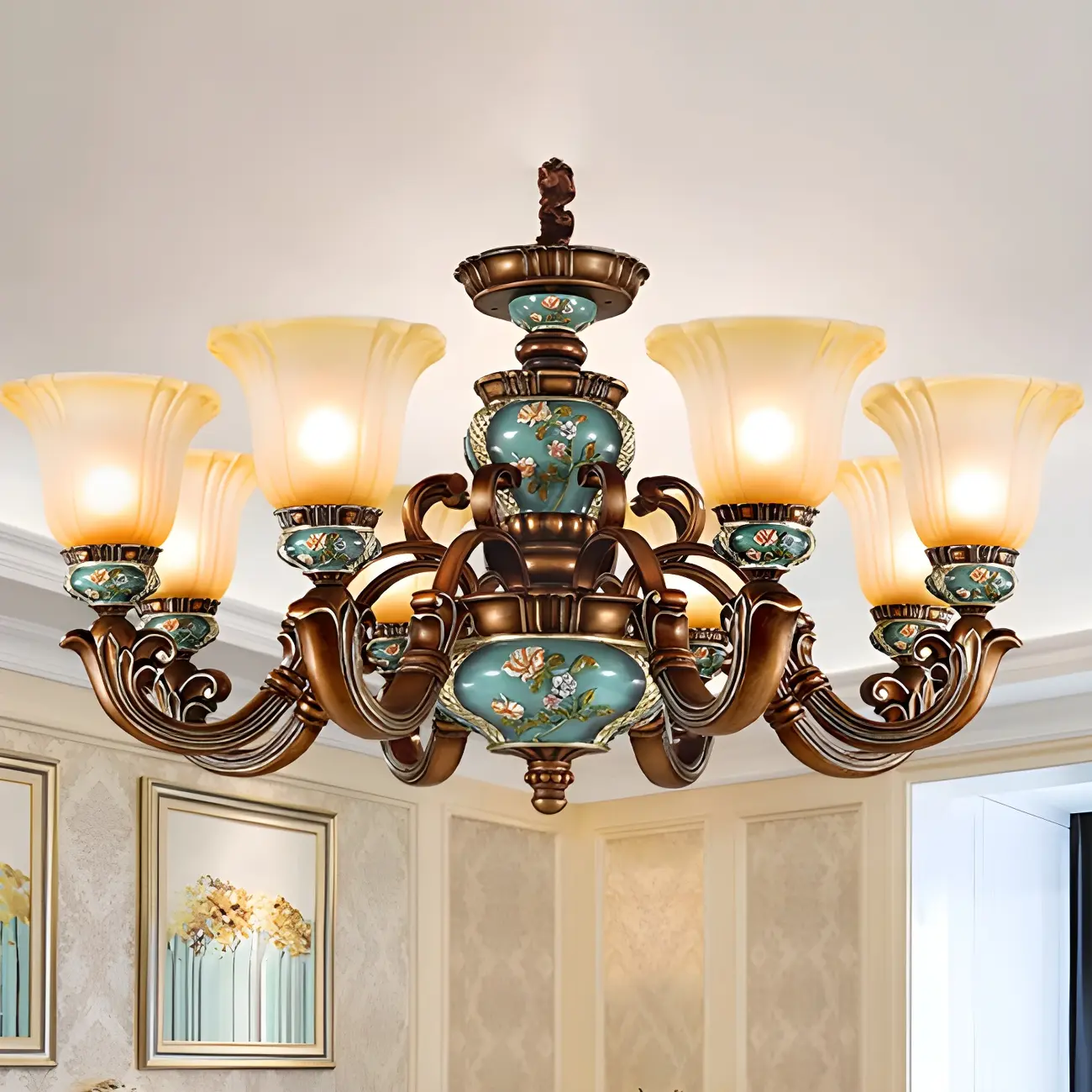 Classic Floral Copper Frosted Glass Ceramic Chandelier Image - 13 | homeyfad