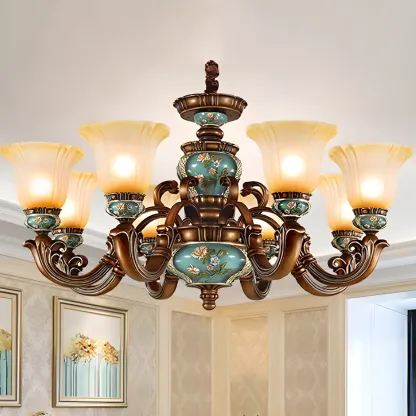 Classic Floral Copper Frosted Glass Ceramic Chandelier Image - 13