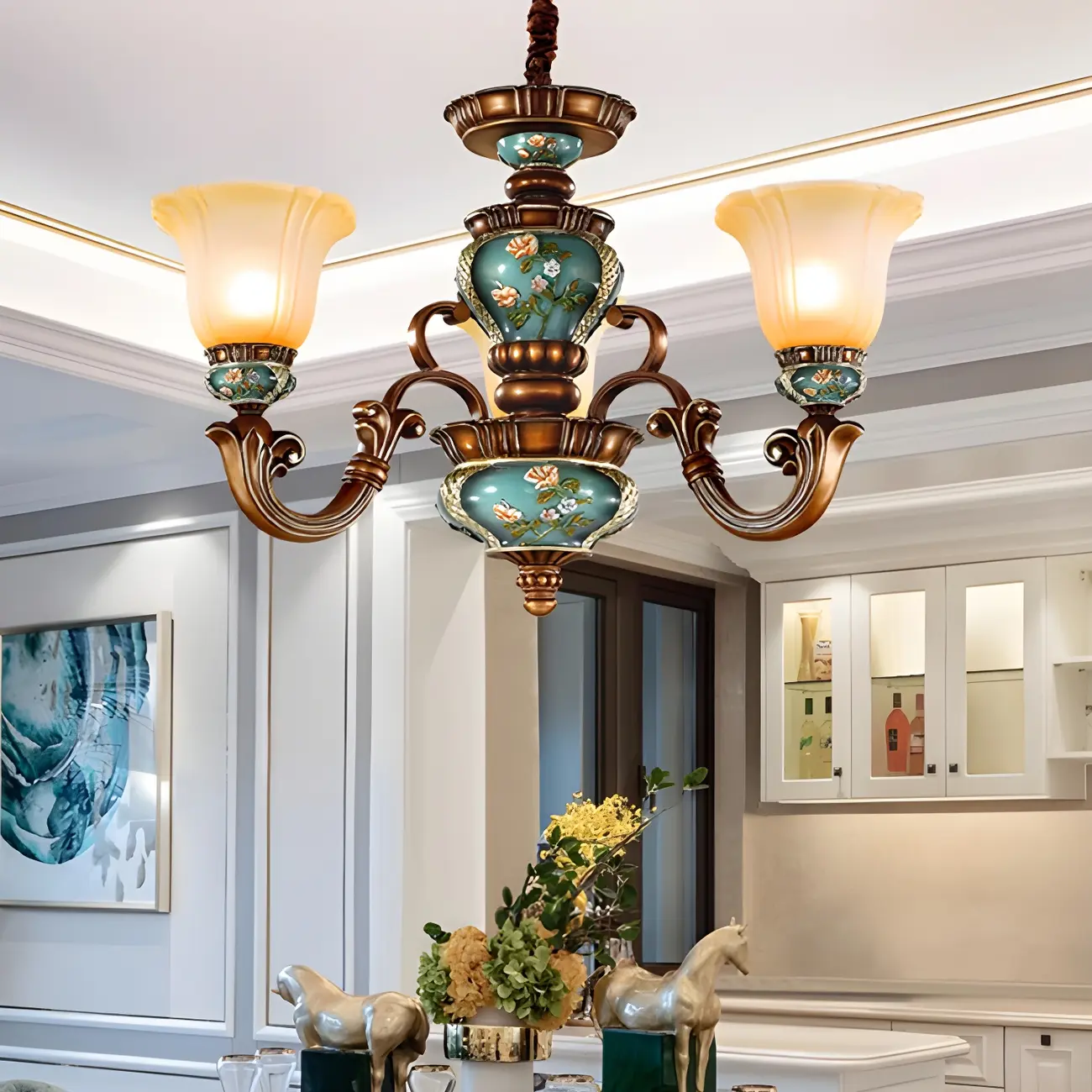 Classic Floral Copper Frosted Glass Ceramic Chandelier Image - 3 | homeyfad