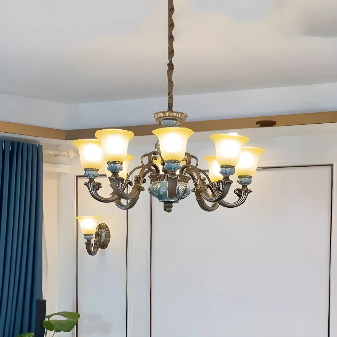 Classic Floral Copper Frosted Glass Ceramic Chandelier Image - 16