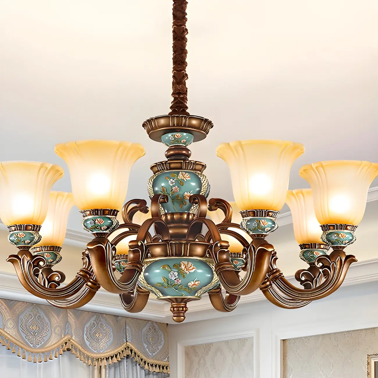 Classic Floral Copper Frosted Glass Ceramic Chandelier Image - 12 | homeyfad