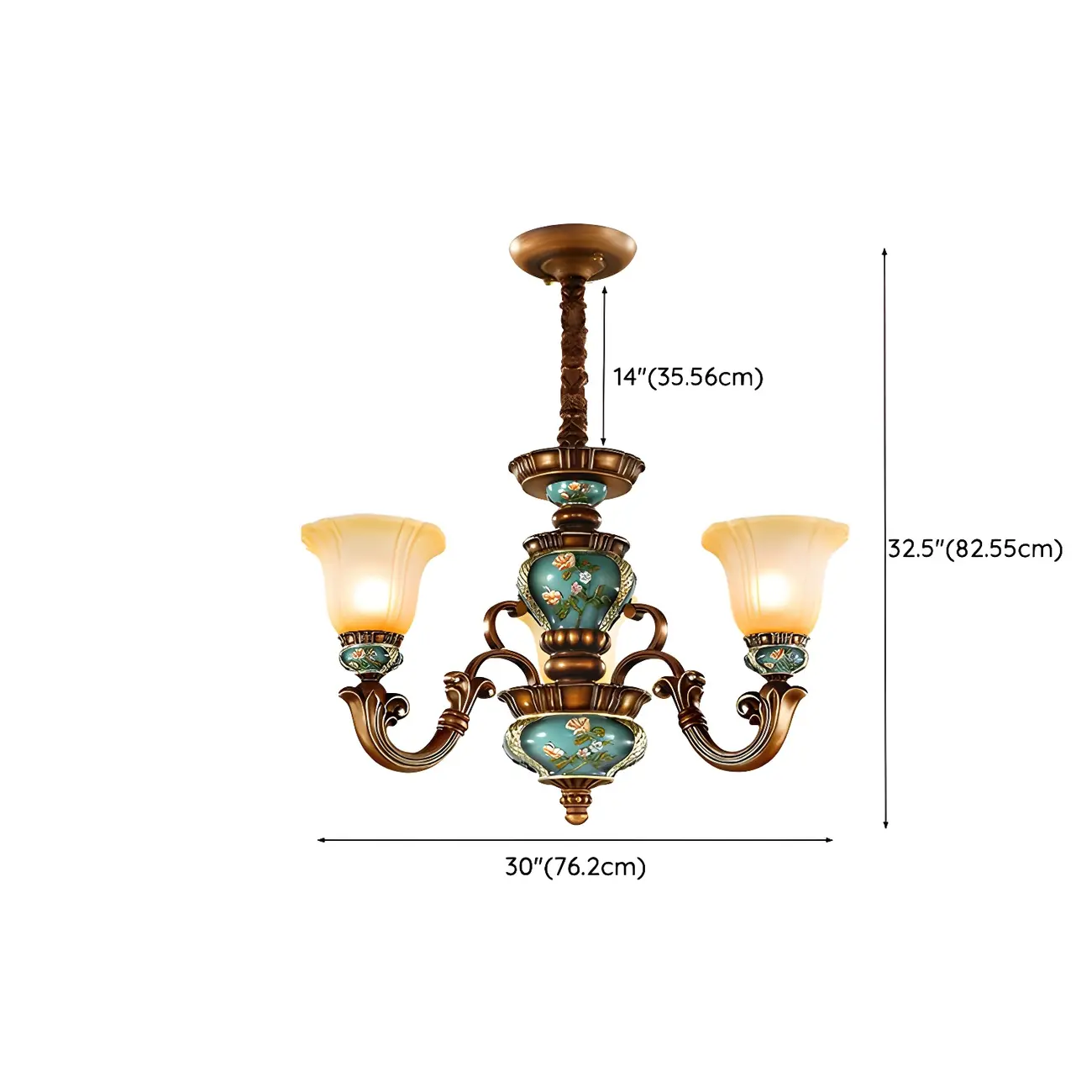 Classic Floral Copper Frosted Glass Ceramic Chandelier #size