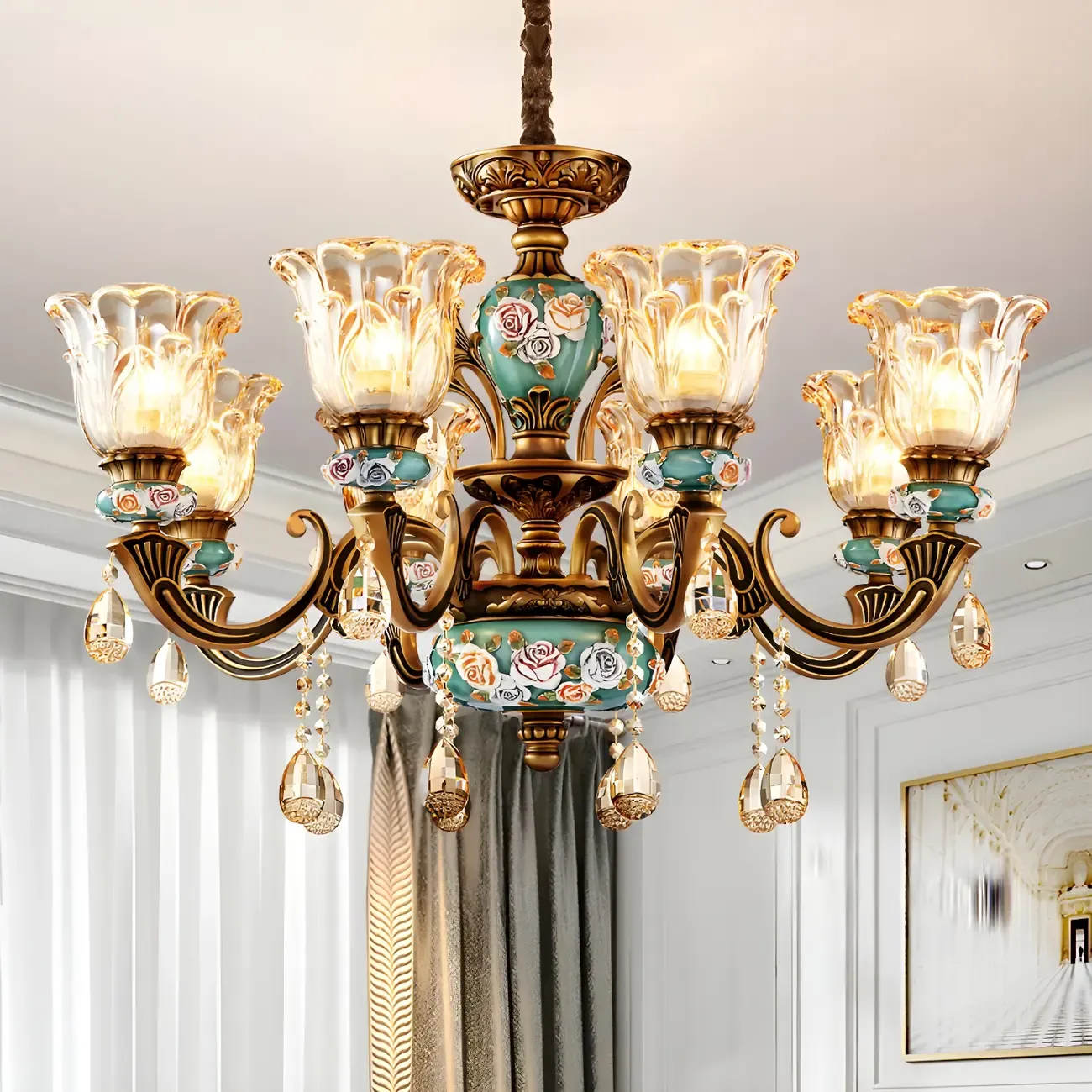 Luxurious Vintage Brass Floral Glass Crystal Chandelier Image - 1