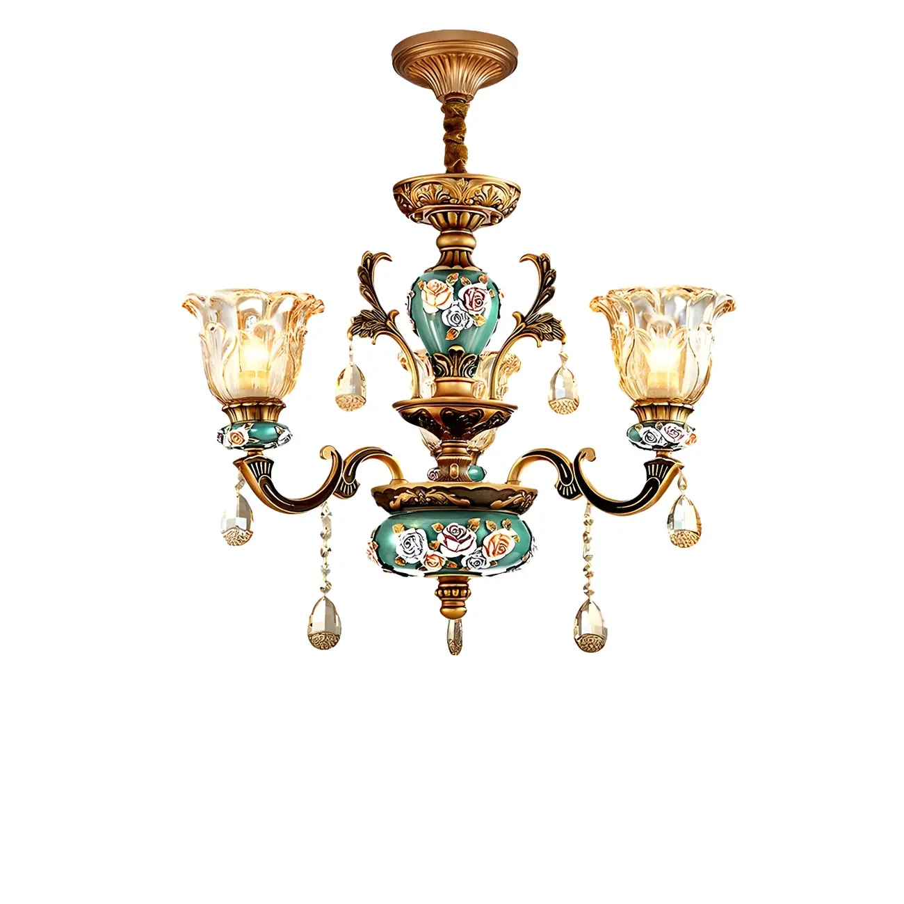 Luxurious Vintage Brass Floral Glass Crystal Chandelier Image - 7 | homeyfad