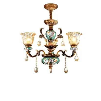 Luxurious Vintage Brass Floral Glass Crystal Chandelier Image - 7
