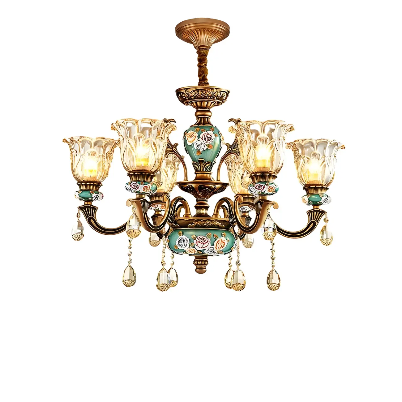 Luxurious Vintage Brass Floral Glass Crystal Chandelier Image - 8 | homeyfad