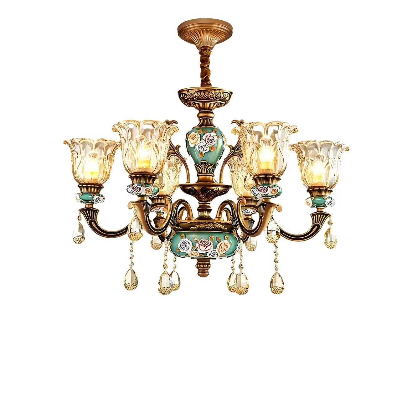 Luxurious Vintage Brass Floral Glass Crystal Chandelier Image - 8