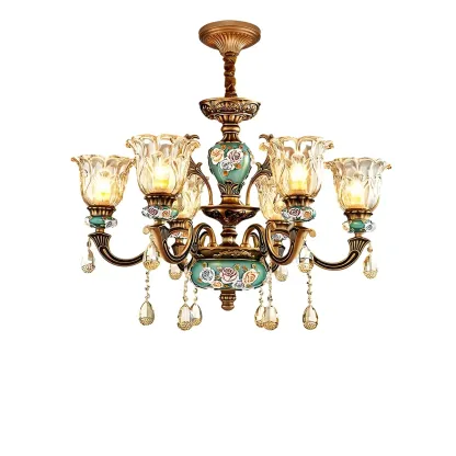 Luxurious Vintage Brass Floral Glass Crystal Chandelier Image - 8