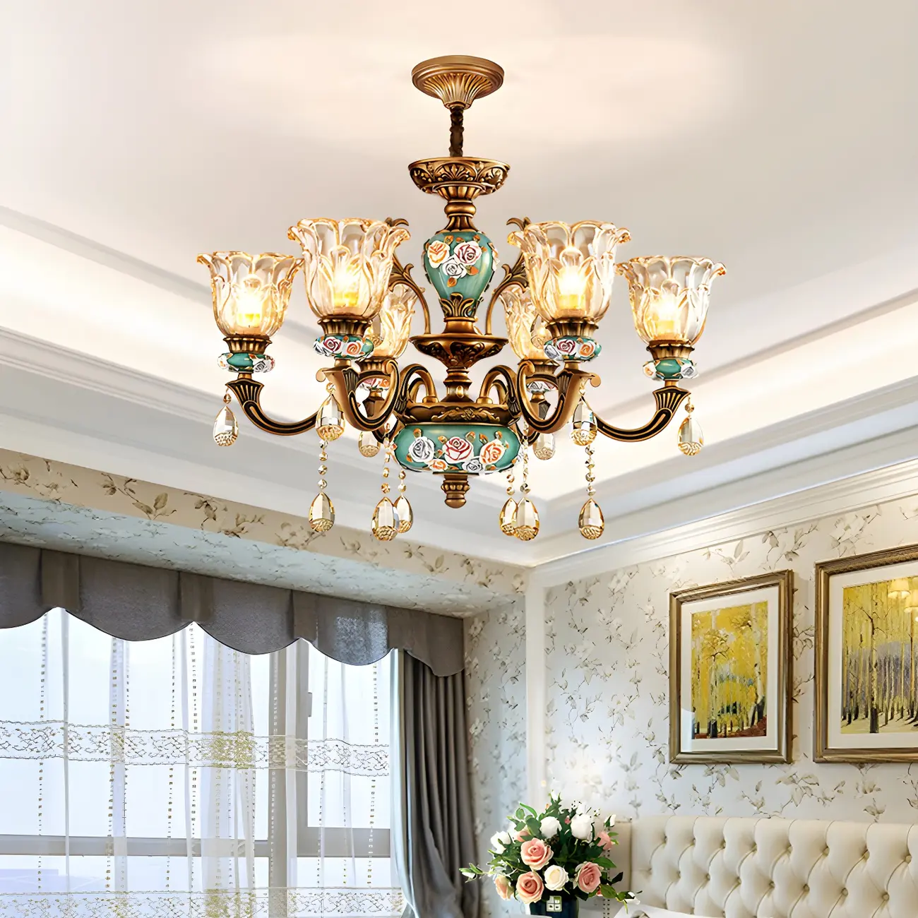 Luxurious Vintage Brass Floral Glass Crystal Chandelier Image - 2 | homeyfad
