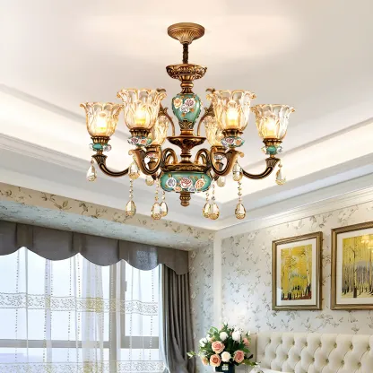 Luxurious Vintage Brass Floral Glass Crystal Chandelier Image - 2