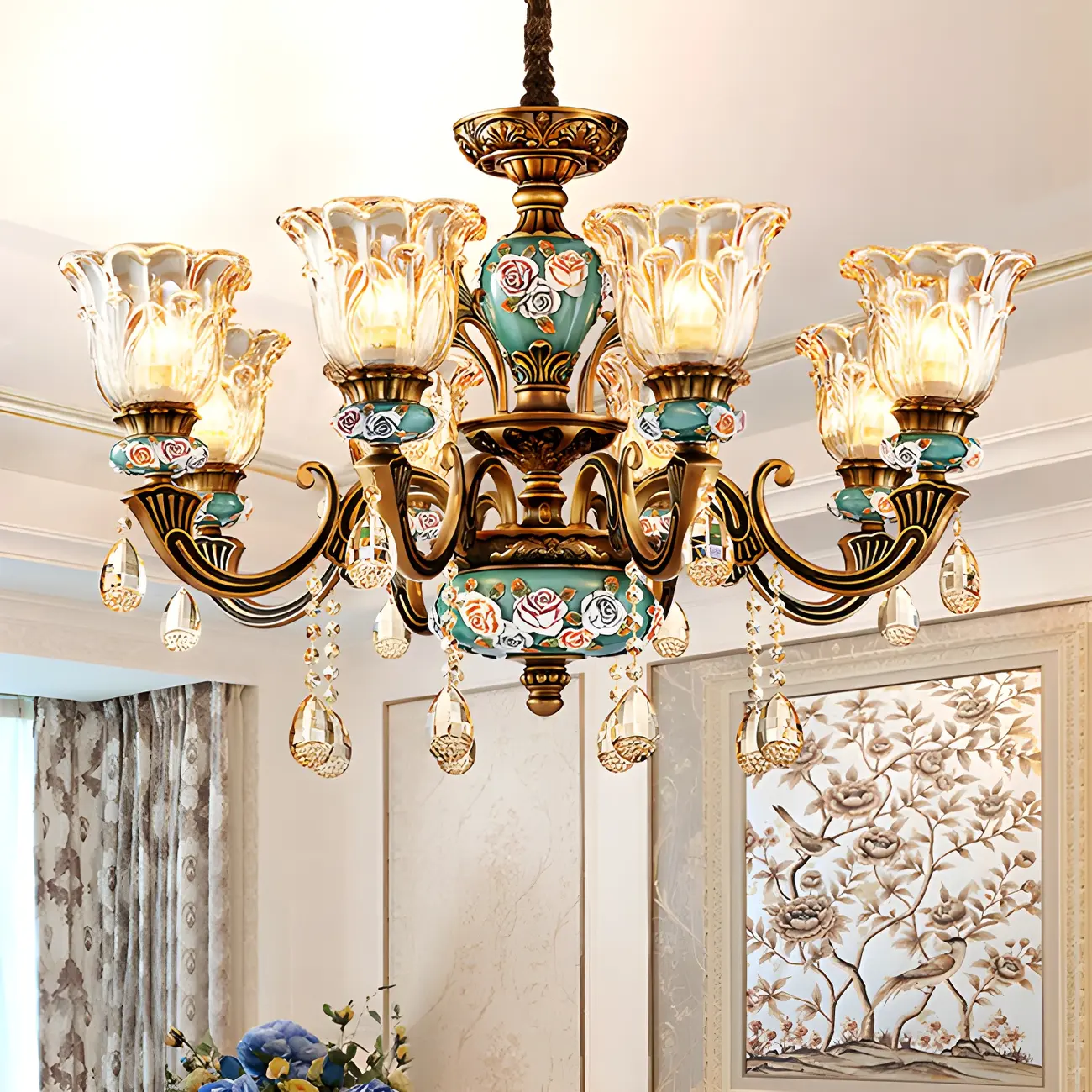 Luxurious Vintage Brass Floral Glass Crystal Chandelier Image - 6 | homeyfad