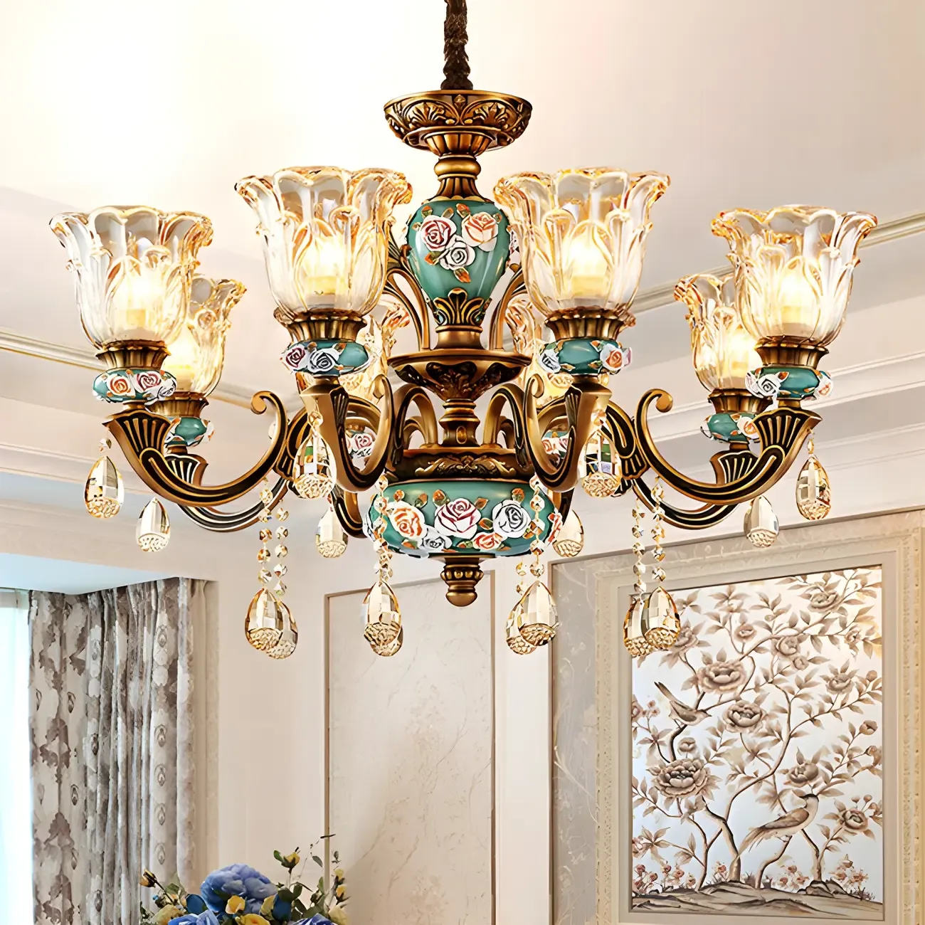 Luxurious Vintage Brass Floral Glass Crystal Chandelier Image - 6