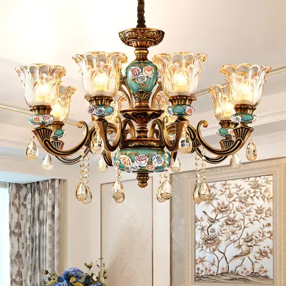 Luxurious Vintage Brass Floral Glass Crystal Chandelier Image - 6
