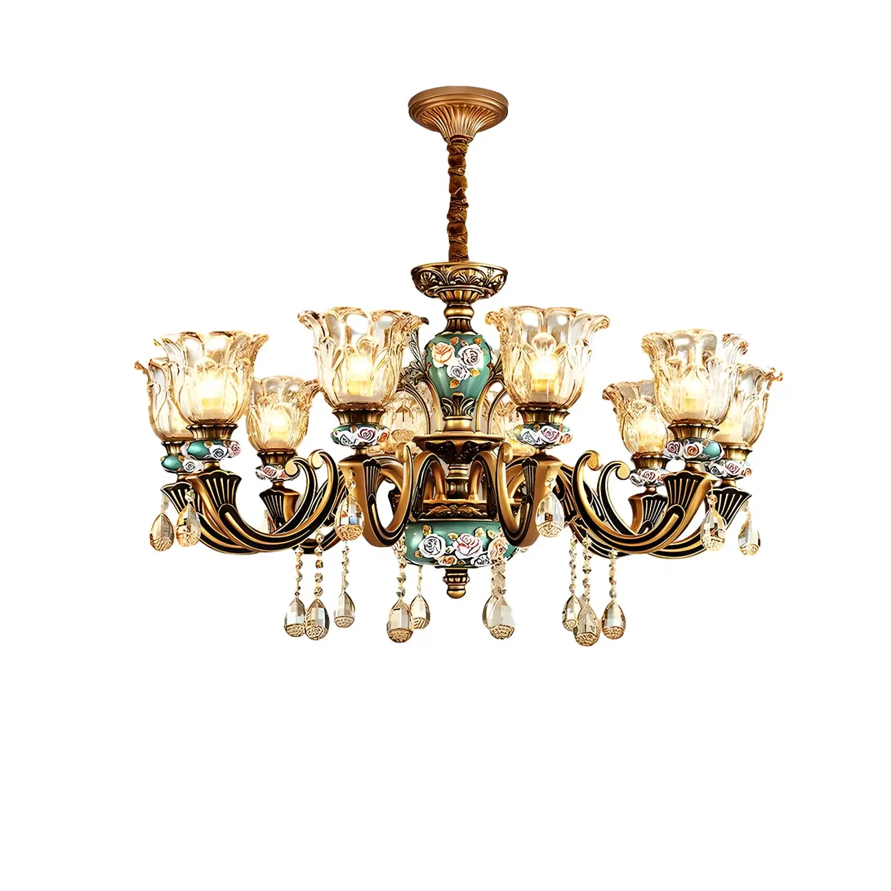 Luxurious Vintage Brass Floral Glass Crystal Chandelier Image - 13 | homeyfad