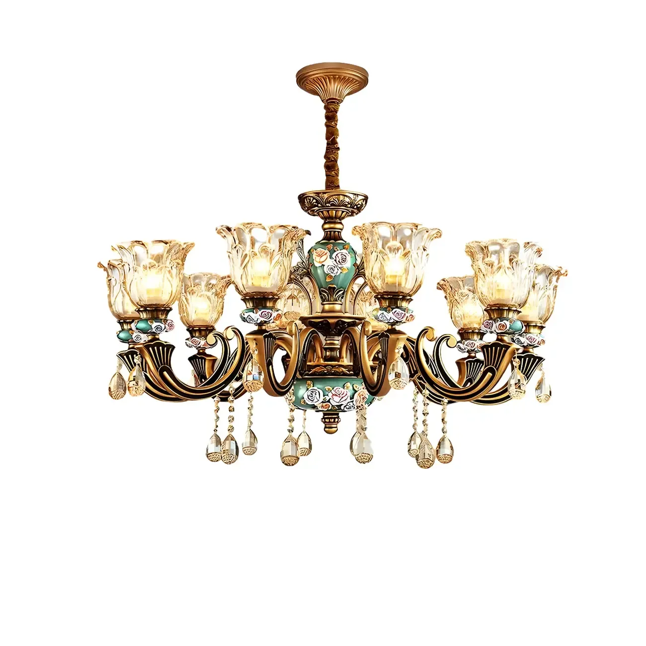 Luxurious Vintage Brass Floral Glass Crystal Chandelier Image - 13