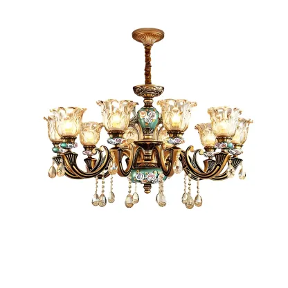Luxurious Vintage Brass Floral Glass Crystal Chandelier Image - 13