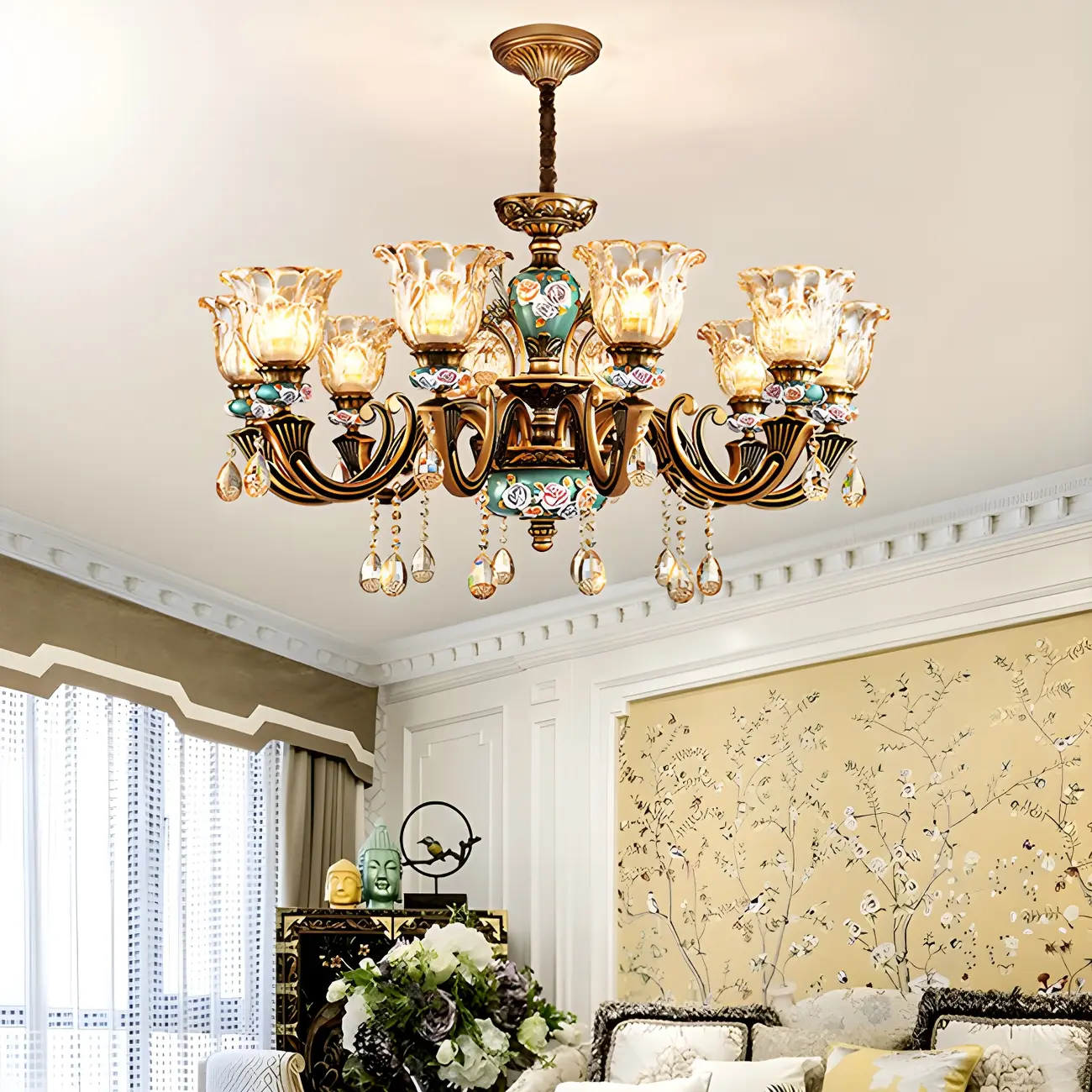 Luxurious Vintage Brass Floral Glass Crystal Chandelier Image - 3 | homeyfad