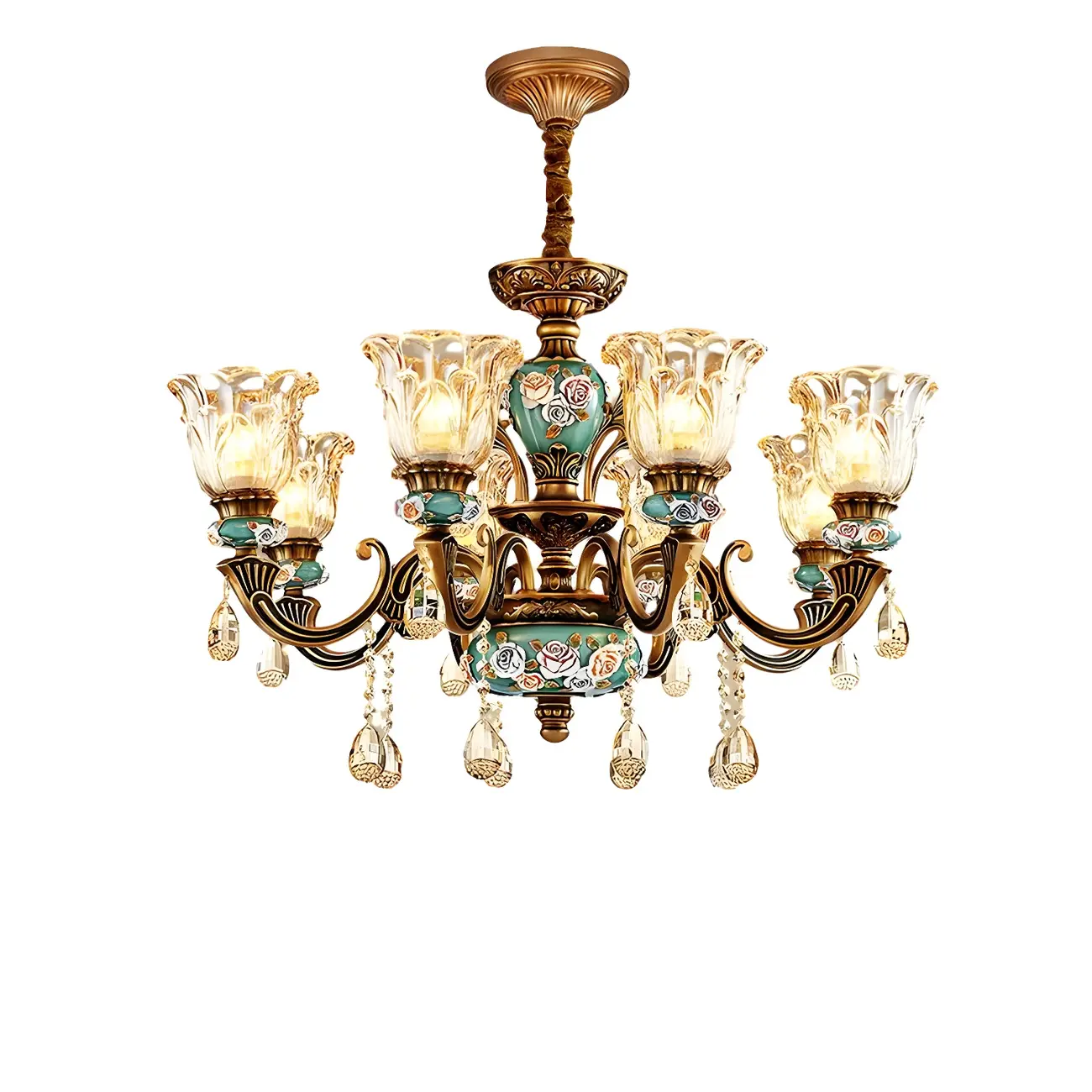 Luxurious Vintage Brass Floral Glass Crystal Chandelier Image - 10 | homeyfad